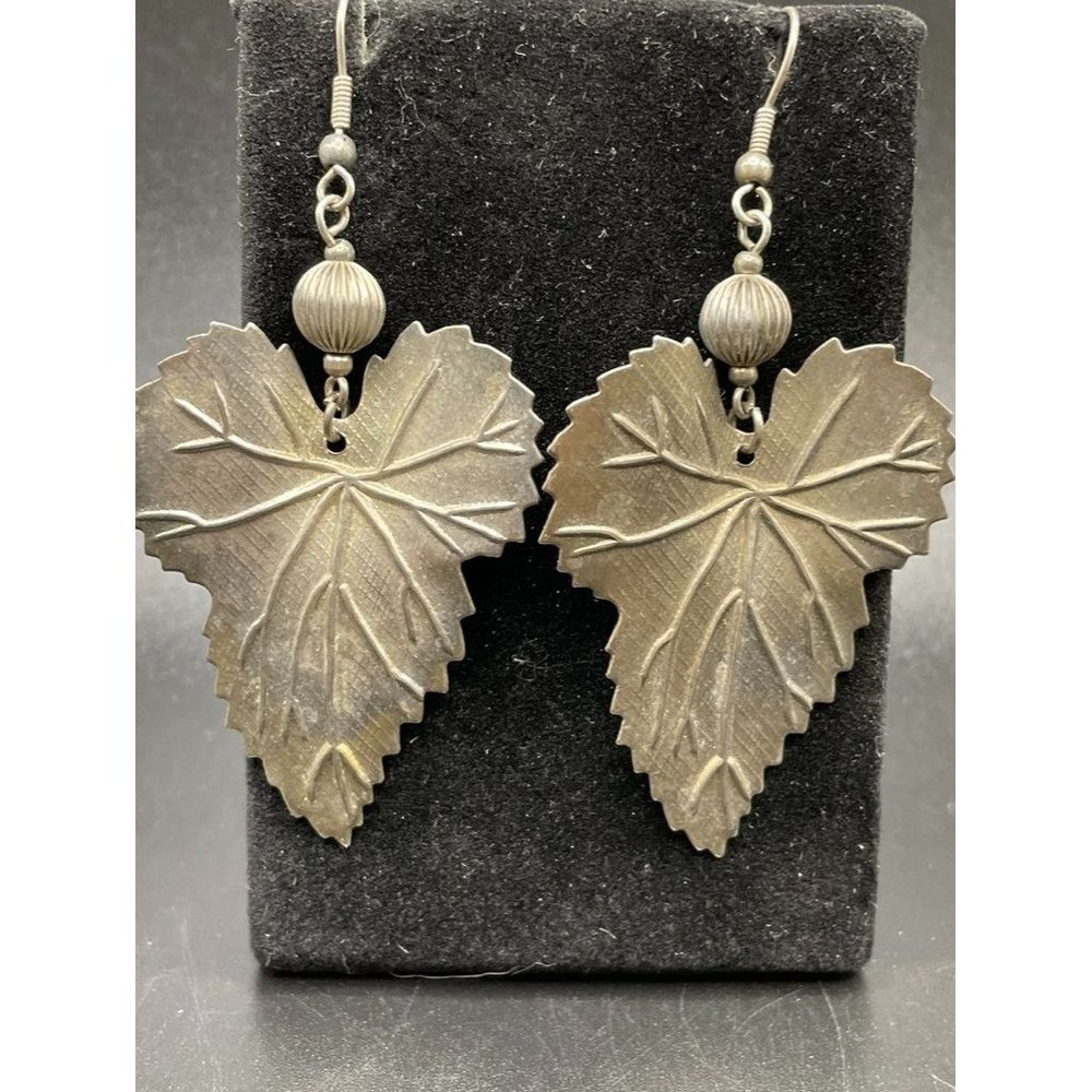Silvertone Leaf Dangle Hook Earrings Length 2.50 Inches